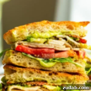 Turkey Bacon Avocado Sandwich stacked to show cross-section