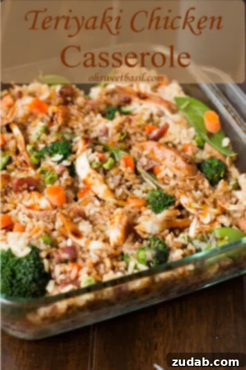 Hearty teriyaki chicken casserole, a family favorite meal in a baking dish.