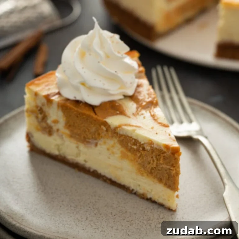 Pumpkin and Apple Perfection: Your Fall Dessert Obsession 8 A stunning Swirled Pumpkin Cheesecake, beautifully decorated, showcasing the elegant marbling of pumpkin and cream cheese layers.