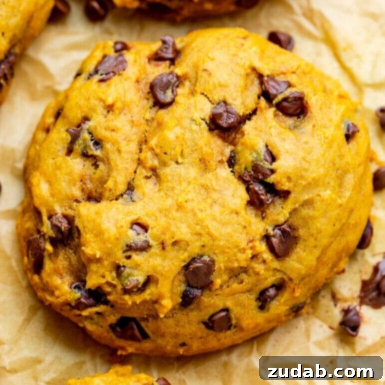 Pumpkin and Apple Perfection: Your Fall Dessert Obsession 2 Thick, soft pumpkin chocolate chip cookies with melted chocolate chips visible, a perfect fall combination.