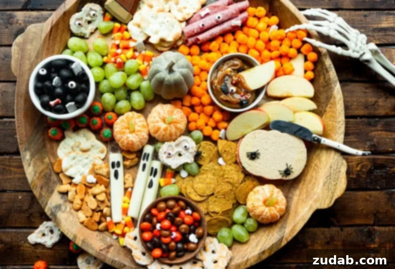 Spooky Simple Snack Platter 2 A large circular wooden charcuterie board artfully arranged with a variety of Halloween-themed snacks, including spooky cheeses, creative deli meats, fresh fruits, and colorful candies, creating an inviting and festive display perfect for any Halloween gathering.