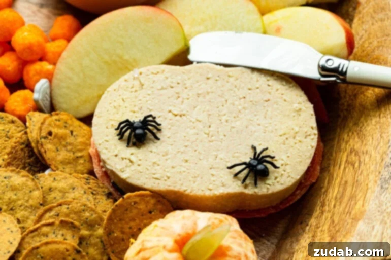 Spooky Simple Snack Platter 4 A delectable chunk of Wensleydale pumpkin spice cheese resting on a vibrant Halloween snack board, surrounded by other festive treats and playfully adorned with small plastic spiders for an extra spooky effect.