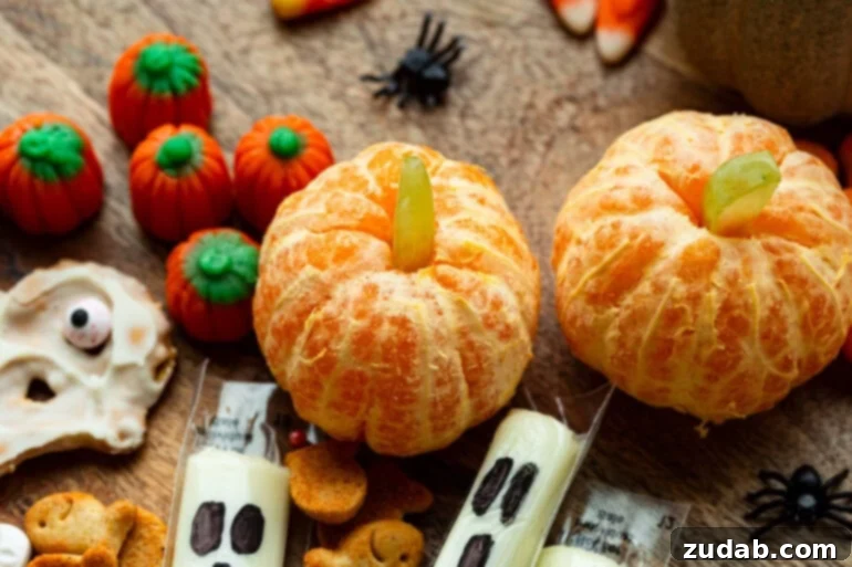 Spooky Simple Snack Platter 5 A charming assortment of Halloween-themed snacks displayed on a table, featuring vibrant mandarin oranges creatively disguised as pumpkins, fun ghost-shaped string cheese sticks, and colorful candy pumpkins, all contributing to a festive autumn and spooky display.