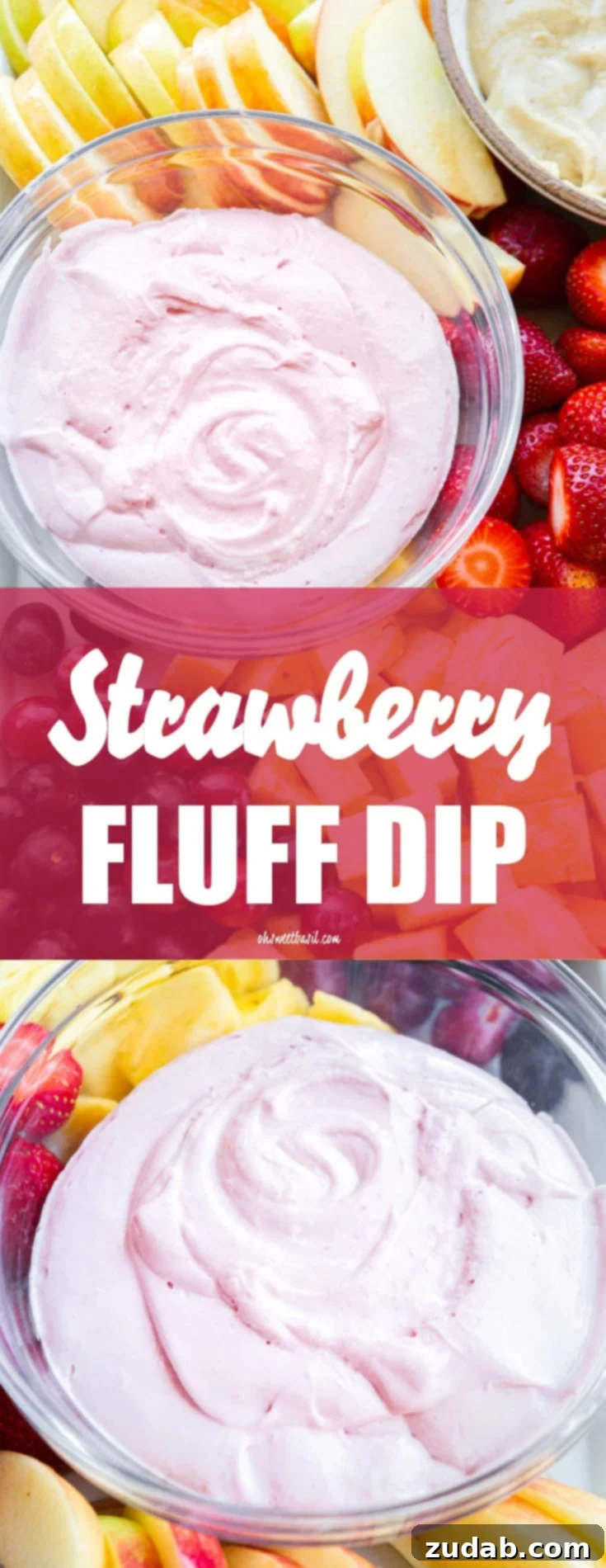 Strawberry Cloud Fruit Dip 3 a photo of a small glass full of a light pink thick and creamy fluff sitting on a serving platter surrounded by cut up grapes, pineapple, strawberries, and apples.