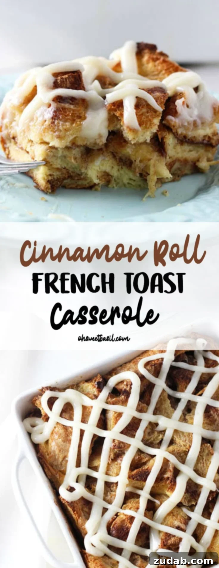 Gooey Cinnamon Roll French Toast Bake 3 Gooey Cinnamon Roll French Toast Casserole with a generous layer of cream cheese frosting, perfect for Easter brunch
