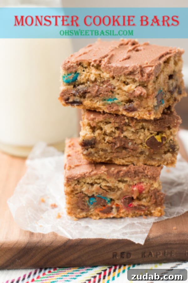 Irresistible Monster Cookie Bars: Peanut Butter, M&M's, and Chocolate Goodness Delicious Monster Cookie Bars with M&M's, peanut butter, and chocolate chips, perfect for a treat.