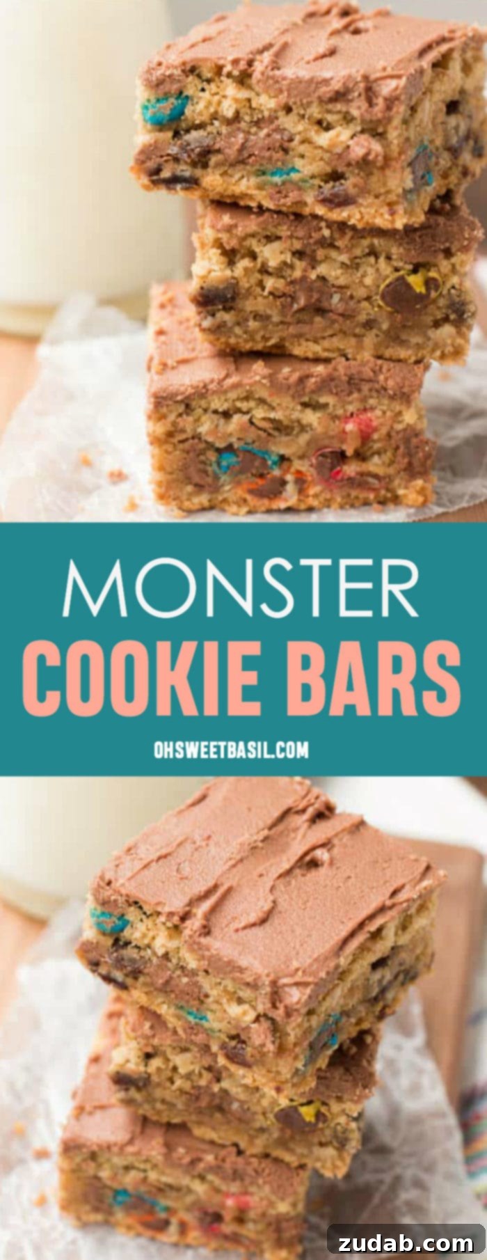 Ultimate Cookie Bars 3 A stack of the best Monster Cookie Bars with M&M’s and chocolate frosting, ready to be enjoyed.