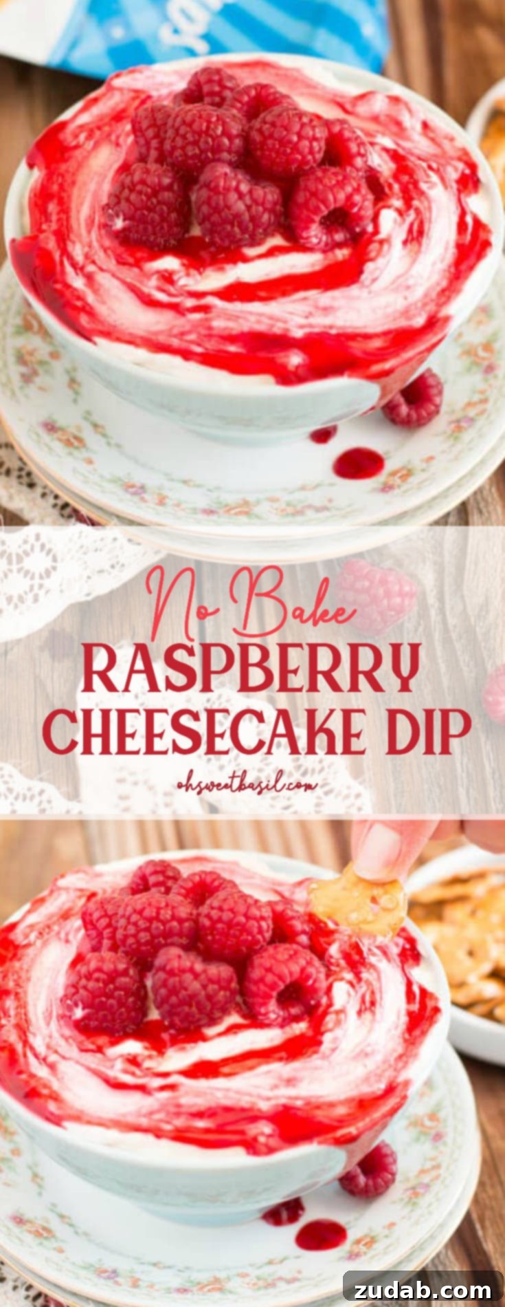 Luscious Raspberry Cheesecake Dip 4 A beautifully presented bowl of No-Bake Raspberry Cheesecake Dip, featuring a creamy white base swirled with vibrant red raspberry jam, surrounded by fresh raspberries and a pile of mini pretzel crisps, ready for dipping. This easy appetizer is seriously the best ever, made with cream cheese, marshmallow, and raspberry jam.