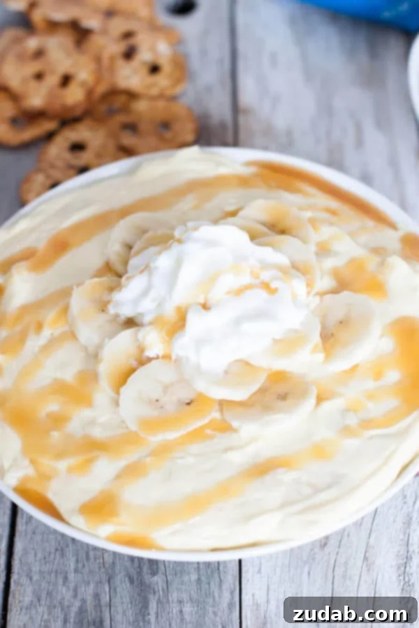 Luscious Raspberry Cheesecake Dip 5 A bowl of creamy banana cream caramel cheesecake dip, garnished with banana slices and caramel drizzle, accompanied by vanilla wafers for dipping. A rich and indulgent dessert dip.