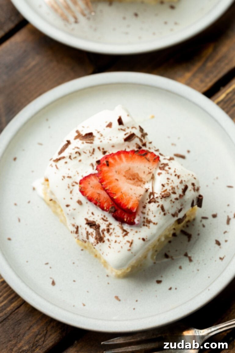 Mexican Tres Leches Cake Recipe 4 a photo taken over the top of a piece of tres leches cake on a small white dessert plate topped with sliced strawberries and shaved chocolate