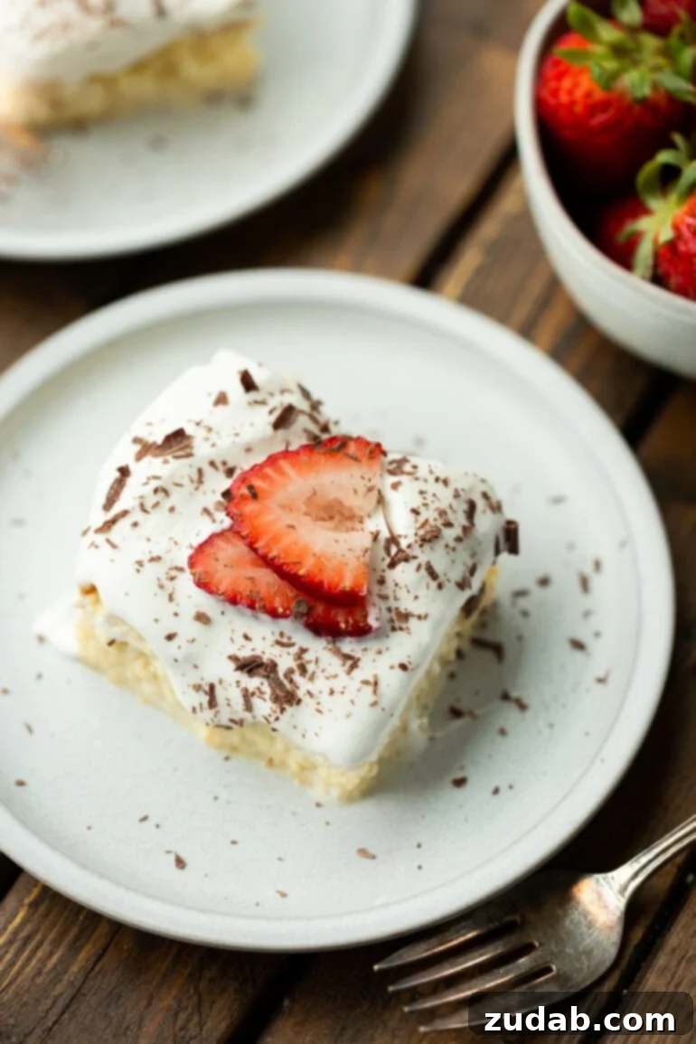 Mexican Tres Leches Cake Recipe 6 a photo taken over the top of a serving of tres leches cake topped with whipped cream, sliced strawberries and shaved chocolate flakes.