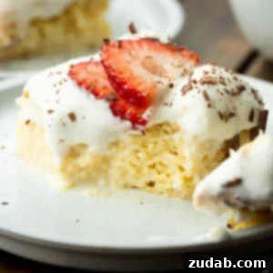 Mexican Tres Leches Cake Recipe 7 a photo of a pieces of tres leches cake with a bite removed so you can see the inside of the moist cake topped with whipped cream, sliced strawberries and shaved chocolate