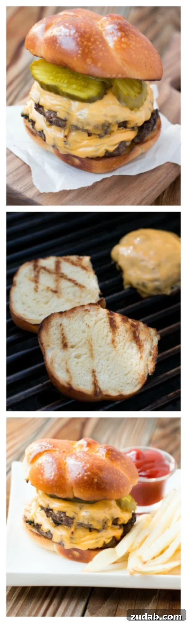 Two Secrets to the Ultimate Burger 3 Collage showing step-by-step process to make the best grilled hamburger patties