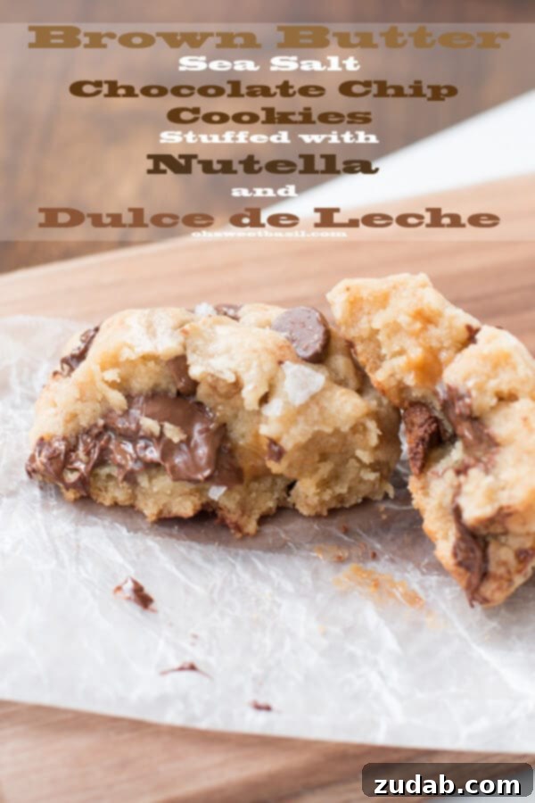 8 Recipes You'll Instantly Want to Pin 7 My husband's favorite cookie! Brown butter sea salt chocolate chip stuffed with nutella and dulce de leche ohsweetbasil.com