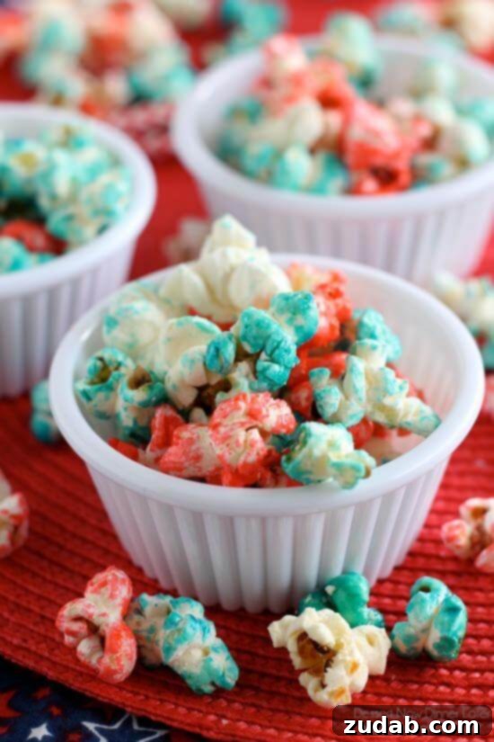 Patriotic Popcorn, 4th of July, summer food Ingredients for patriotic popcorn laid out, including popcorn kernels, sugar, oil, and food coloring