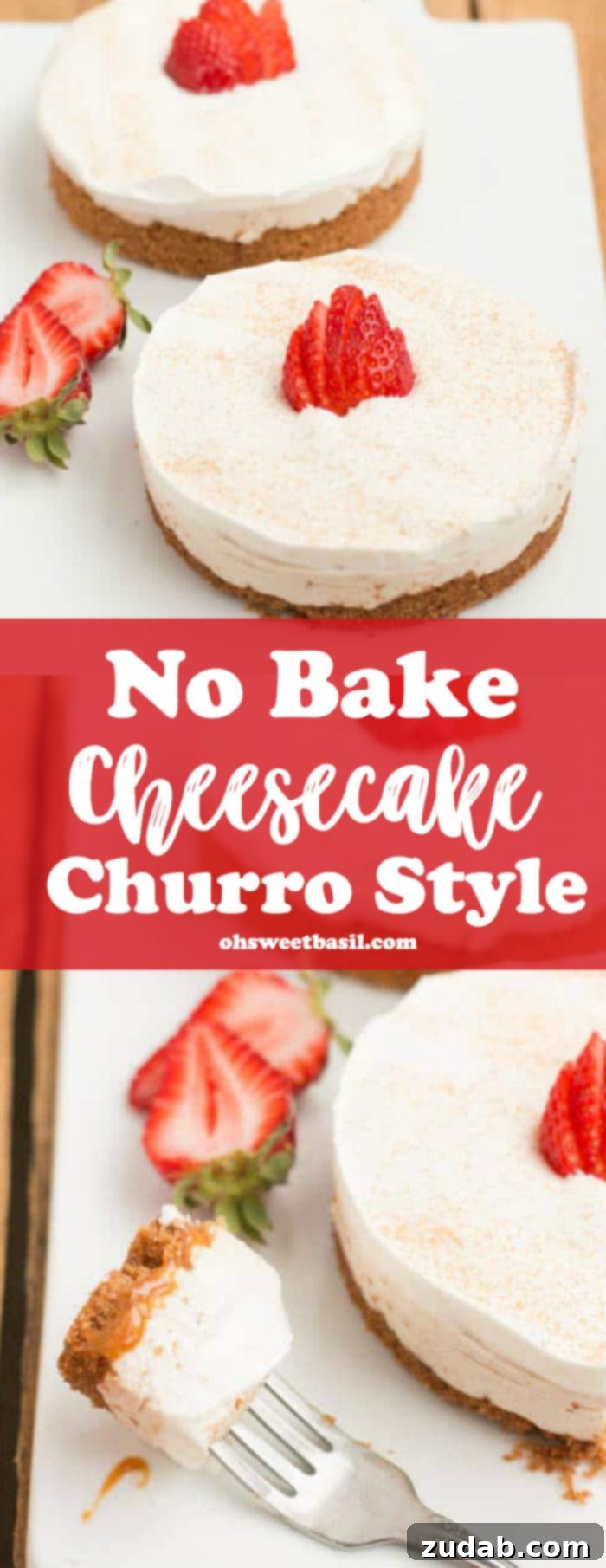 Cinnamon Sugar No Bake Cheesecake 3 A delicious No Bake Churro Cheesecake with a strawberry on top