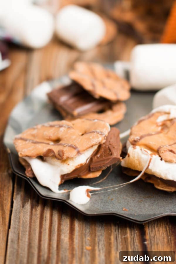 Gourmet Peanut Butter Pretzel S'mores with Melted Chocolate and Toasted Marshmallow The Ultimate Peanut Butter Pretzel Crisps S'mores: A Gourmet Twist