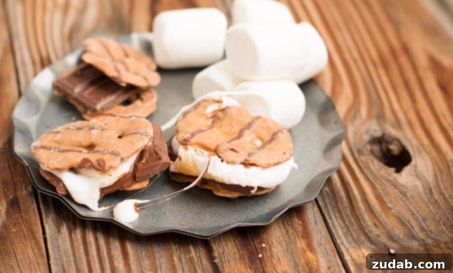 Assembling Delicious Peanut Butter Pretzel Crisps S'mores Melting Chocolate on Peanut Butter Pretzel Crisps for S'mores