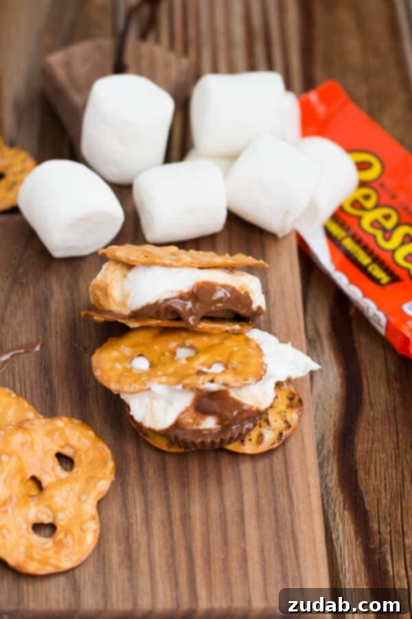 Gooey Marshmallow Pretzel Reese's S'mores for Summer Fun A close-up of a perfectly toasted marshmallow on a Pretzel Reese's S'more, ready for a delicious bite.