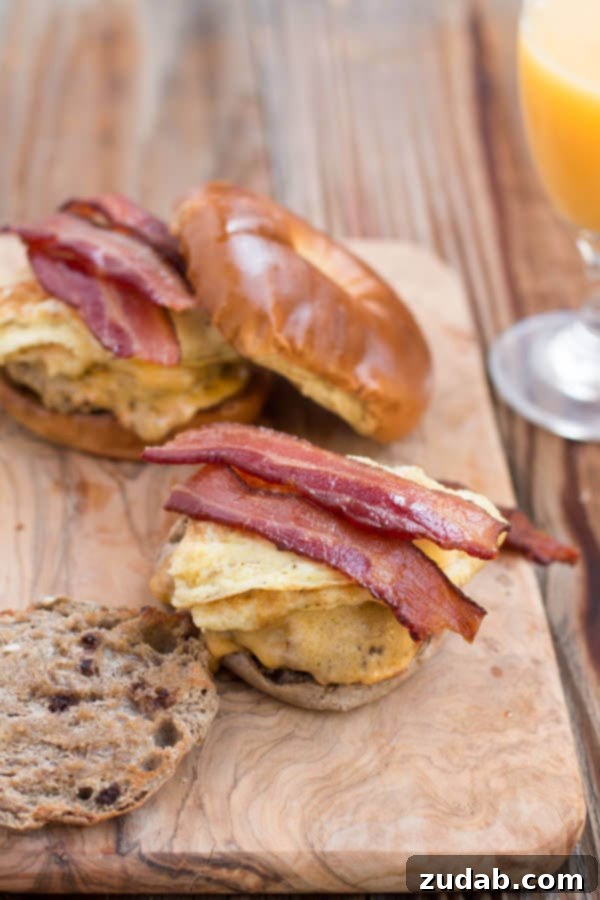 Best Breakfast Sandwich: Bacon, Cheddar, Eggs, Sausage on a French Toast Bagel or Vanilla Cinnamon English Muffin for a Quick Morning Meal Close-up of a delectable breakfast sandwich featuring crispy bacon, melted cheddar cheese, fluffy eggs, and savory sausage, all nestled within a unique French Toast bagel, ready for a quick breakfast on the go