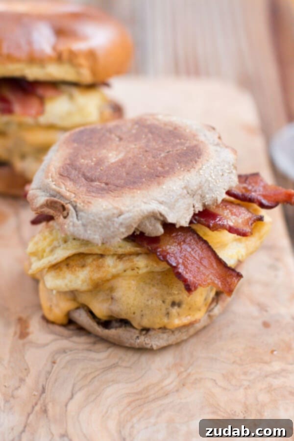 Delicious Breakfast Sandwich Recipe: Bacon, Cheddar, Eggs, Sausage on a Specialty Bagel or English Muffin, Great for Quick Meals Assembling the best breakfast sandwich with thick-cut bacon, melted cheddar, perfectly cooked eggs, and savory sausage patties, all on a toasted flavored English muffin, making for an ideal to-go breakfast option