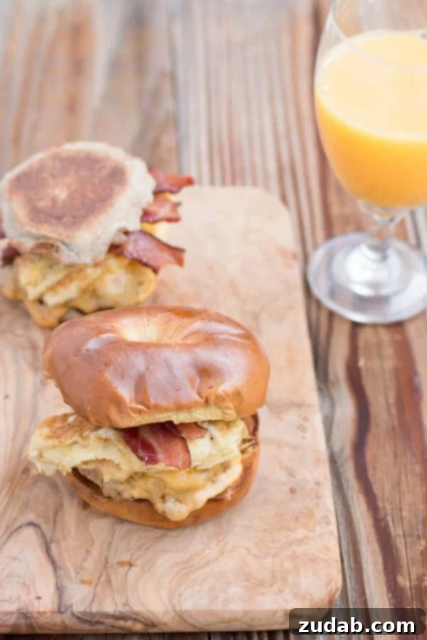 Homemade Breakfast Sandwich: Bacon, Cheddar, Eggs, Sausage on Specialty Bagels or English Muffins for a Quick and Easy Breakfast A stacked homemade breakfast sandwich featuring layers of golden scrambled eggs, crispy bacon, rich cheddar cheese, and a juicy sausage patty, served on a sweet and savory French Toast bagel, perfect for a hearty and quick morning meal