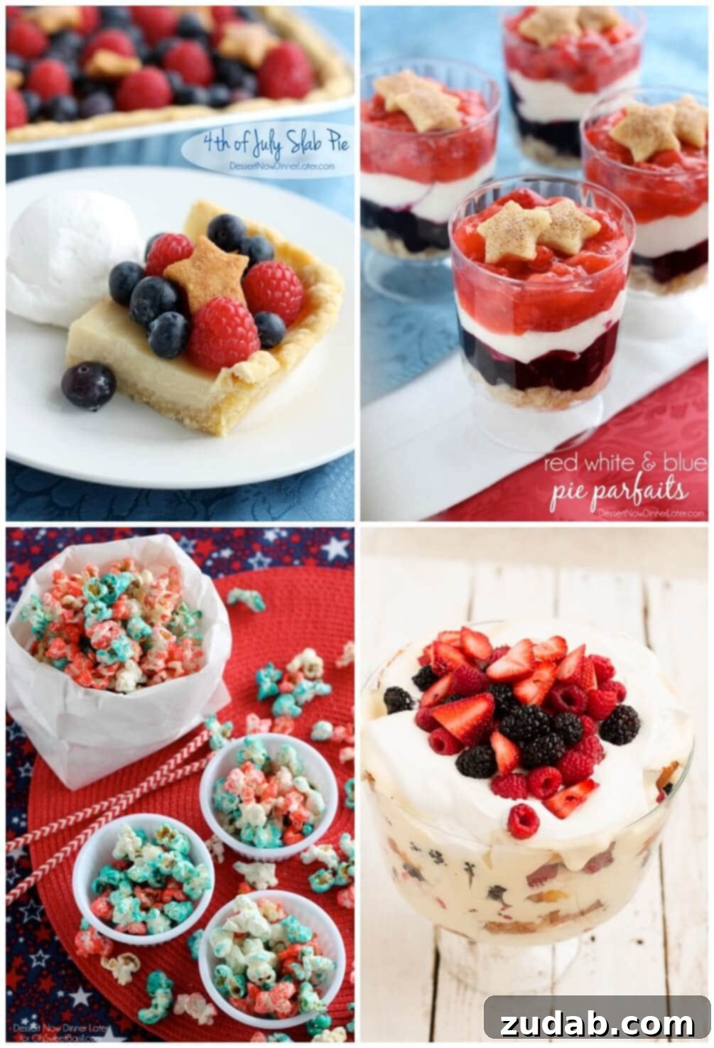 Collection of Red White and Blue Desserts A collage of various patriotic 4th of July dessert ideas including festive pies, layered parfaits, and patriotic popcorn