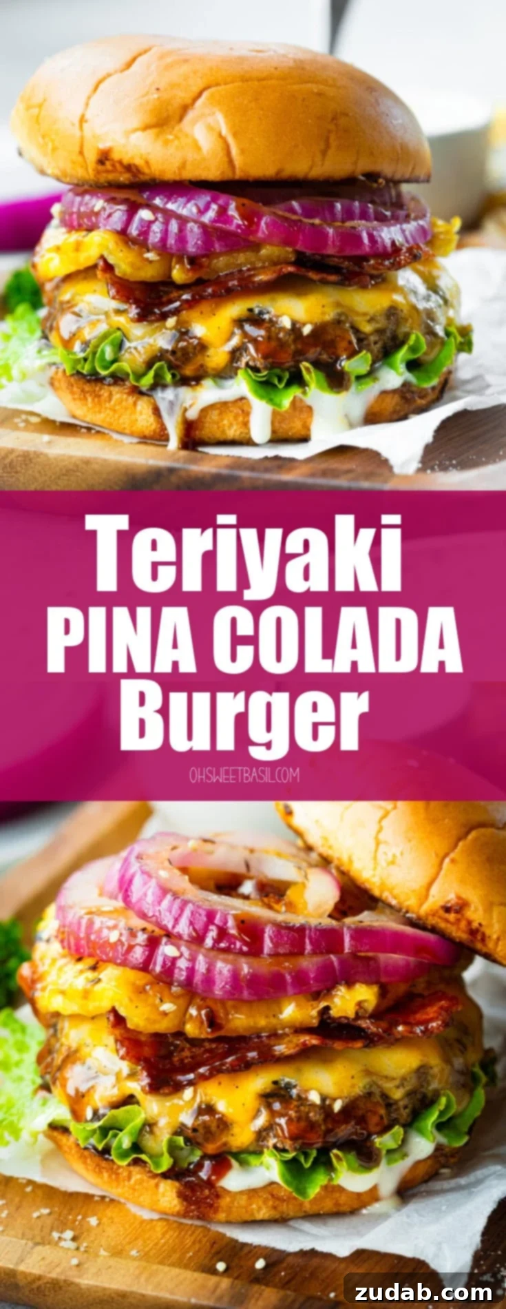 Teriyaki Pina Colada Burger 7 A stunning, perfectly stacked Teriyaki Pina Colada Burger, overflowing with a juicy patty, melted cheese, crispy bacon, and golden grilled pineapple, ready to be enjoyed.
