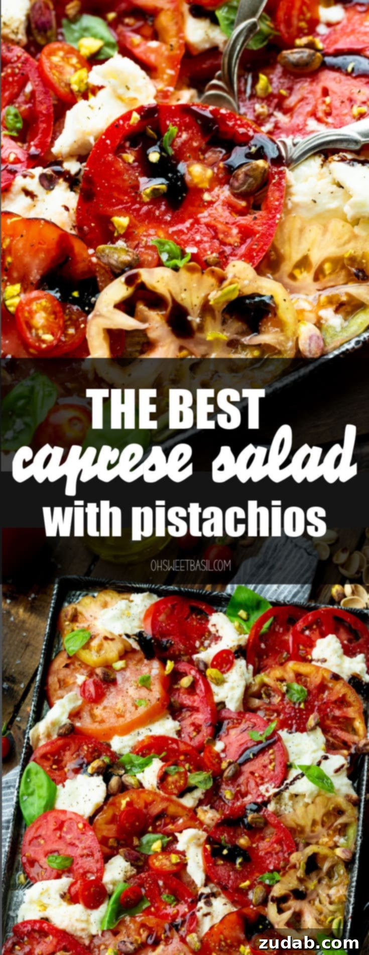 A large serving tray abundant with vibrant slices of fresh tomatoes and creamy fresh mozzarella, beautifully garnished with bright green basil leaves, a rich balsamic drizzle, and a generous sprinkle of toasted pistachios, presented as a magnificent Caprese salad.