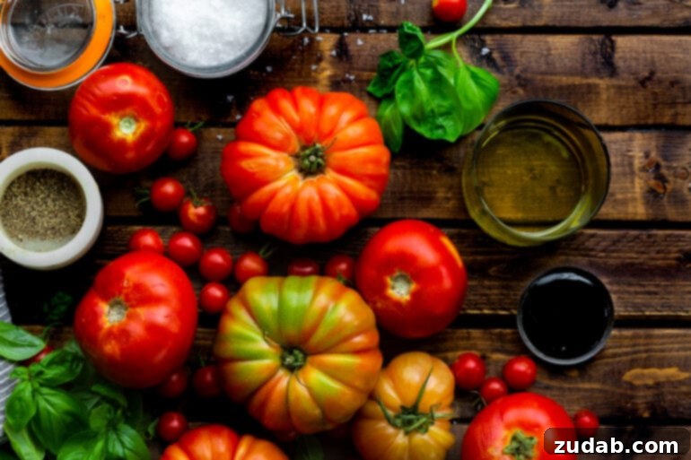 A rustic arrangement of various heirloom tomatoes, including deep reds, sunny oranges, and variegated greens, accompanied by small, bright red cherry tomatoes, fresh green basil leaves, and a tiny bowl of sea salt, highlighting the natural beauty of the ingredients.