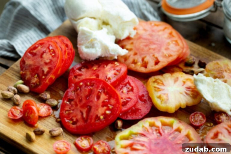 A close-up view of vibrant, freshly sliced tomatoes of various colors artfully arranged with creamy chunks of fresh mozzarella cheese, emphasizing the quality of the main ingredients for a Caprese salad.