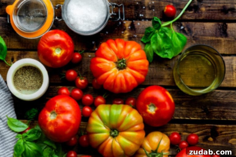 A beautiful composition of several large, colorful garden and heirloom tomatoes, surrounded by smaller red cherry tomatoes, fresh green basil leaves, and small dishes containing salt, pepper, olive oil, and balsamic vinegar, illustrating the fresh ingredients for Caprese.