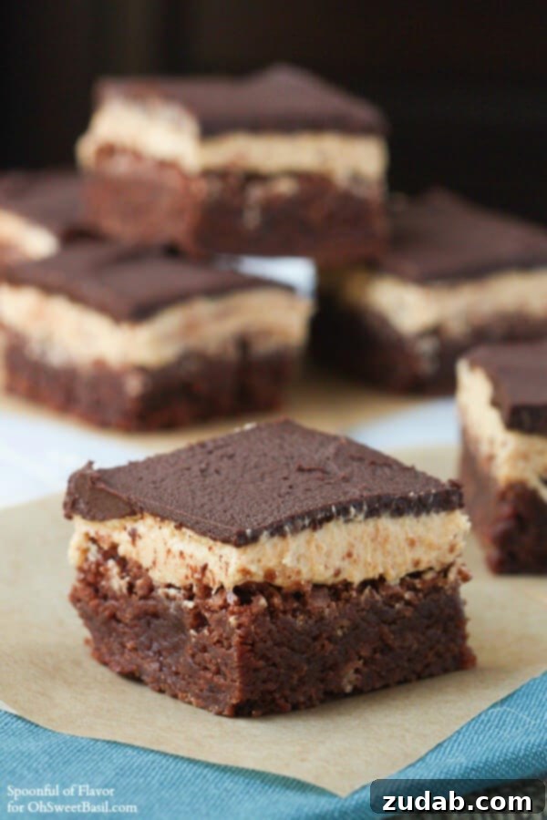 Chocolate Peanut Butter Triple Layer Brownies - irresistible and full of chocolate peanut butter flavor! #dessert