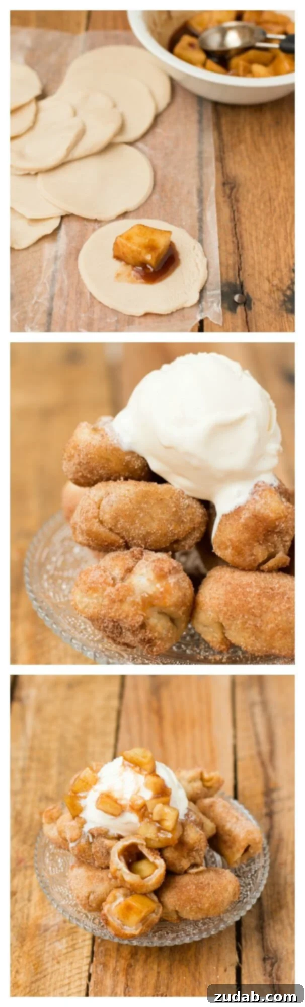 fried apple pie bombs served a la mode! ohsweetbasil.com A stack of sweet fried apple pie bombs with a drizzle of glaze, inviting you to indulge. ohsweetbasil.com