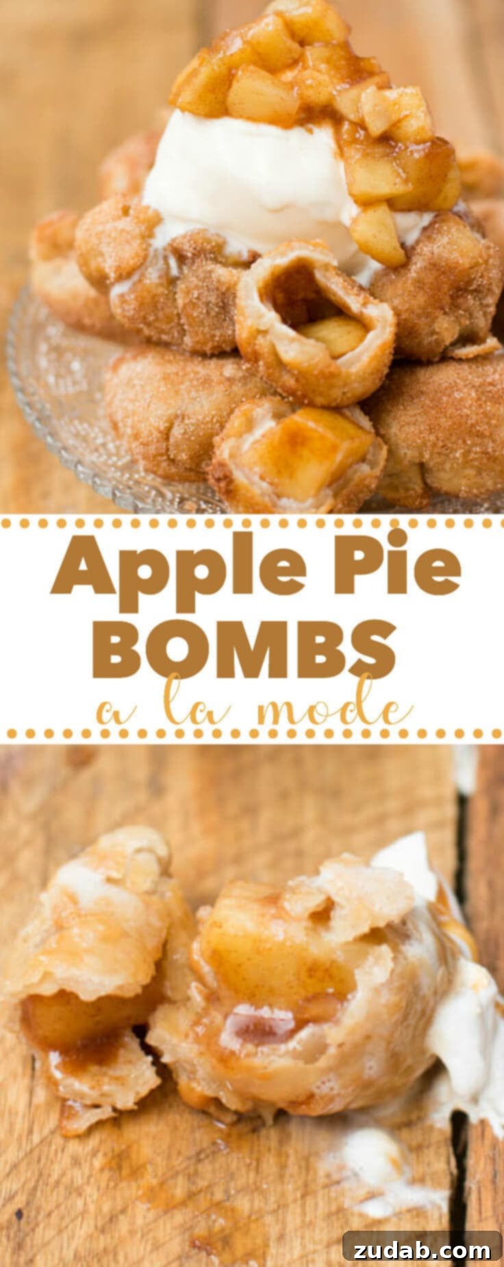 Warm Apple Pie Bombs Served A La Mode 2 It's not fall until you've made apple pie bombs a la mode with creamy vanilla ice cream and glazed apples all over the tops. A delightful fried apple dessert recipe for autumn.