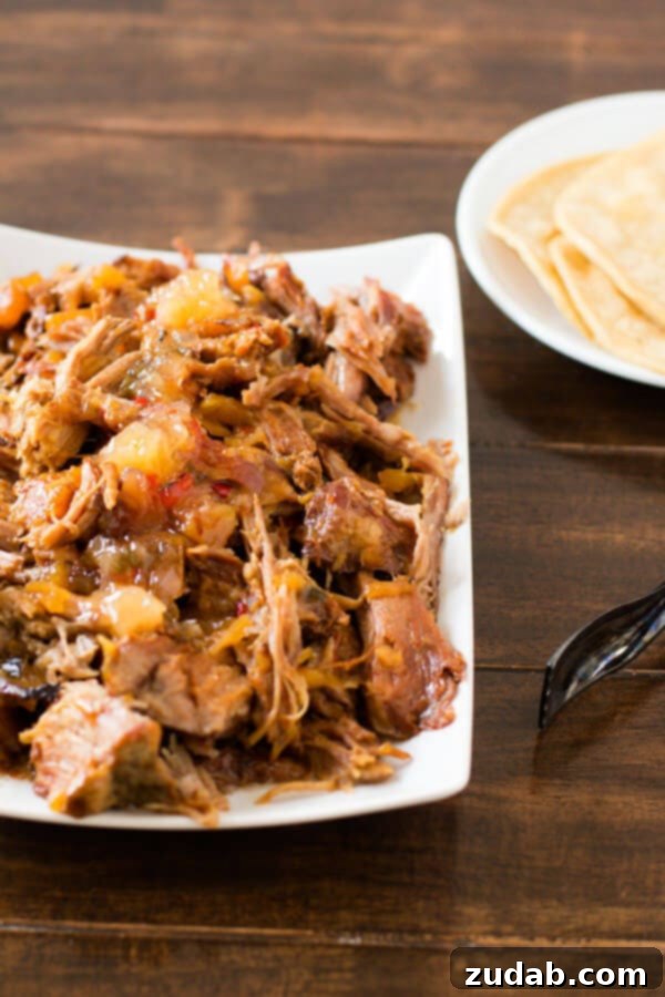 Preparing Slow Cooker Pineapple Habanero Pork A large, boneless pork shoulder coated in a vibrant pineapple habanero sauce and a sprinkle of brown sugar, nestled in a slow cooker, anticipating hours of tender, flavor-infusion.