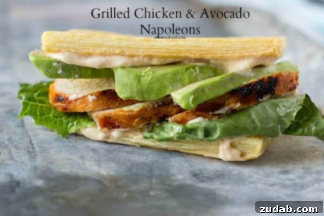 Golden Grilled Honey Lime Chicken 5 Grilled Chicken Avocado Napoleons with buttery puff pastry and creamy avocado served with spicy cayenne mayo.