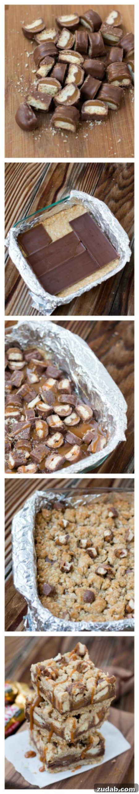 Homemade Twix Caramelita Bars Twix Caramelitas baking in a pan, showcasing the layered ingredients before being fully set.