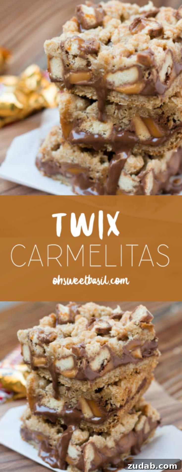 Twix Caramel Dream Bars 3 A beautifully arranged stack of freshly baked Twix Caramelitas on a wooden board.