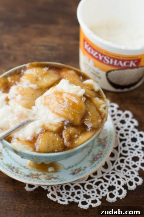 Creamy Bananas Foster Rice Pudding on National Rice Pudding Day Delicious Bananas Foster Rice Pudding, a creamy dessert perfect for any occasion