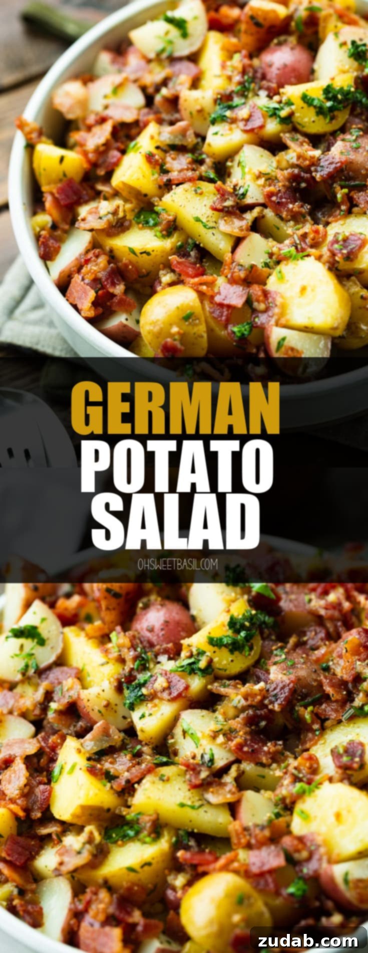 A large white serving bowl generously filled with warm German potato salad, featuring perfectly cubed potatoes, abundant crispy bacon, and fresh green parsley.