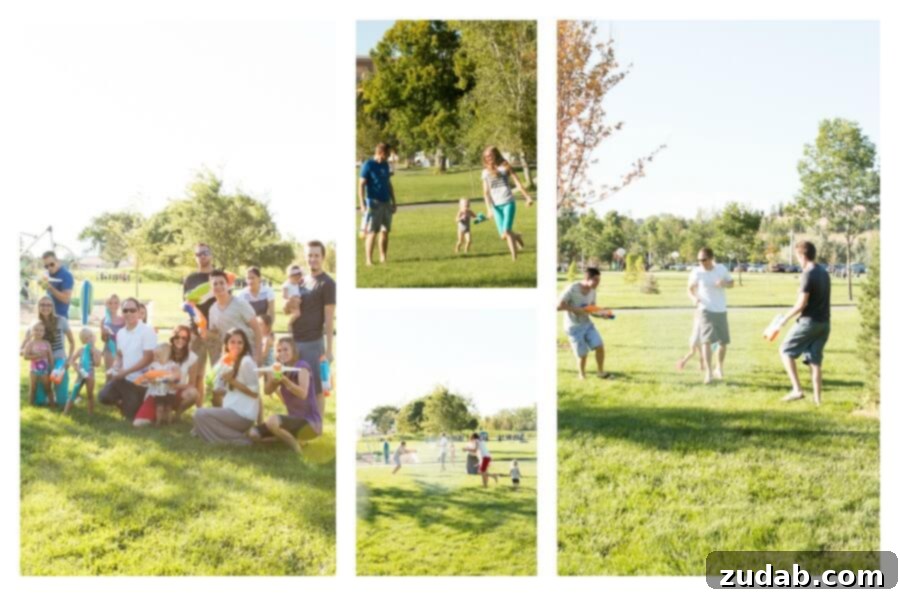 Fun Party Activities: Water Gun Games for All Ages Kids and adults engaged in an exciting water gun fight, a highlight of any summer party.