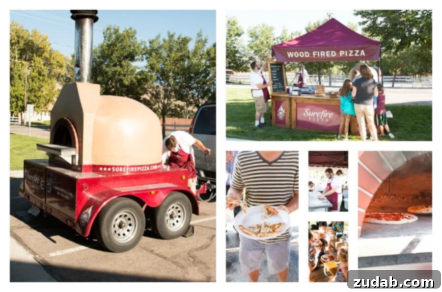 Catering for Parties: Food Truck Experience with Surefire Pizza Enjoying fresh, gourmet pizza from Surefire Pizza food truck at a lively summer park party.