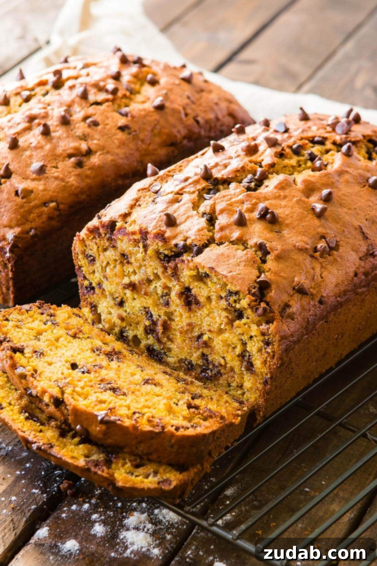 Homemade Pumpkin Banana Bread Video Tutorial 3 sliced loaf of pumpkin banana bread next to whole loaf, showcasing its moist texture