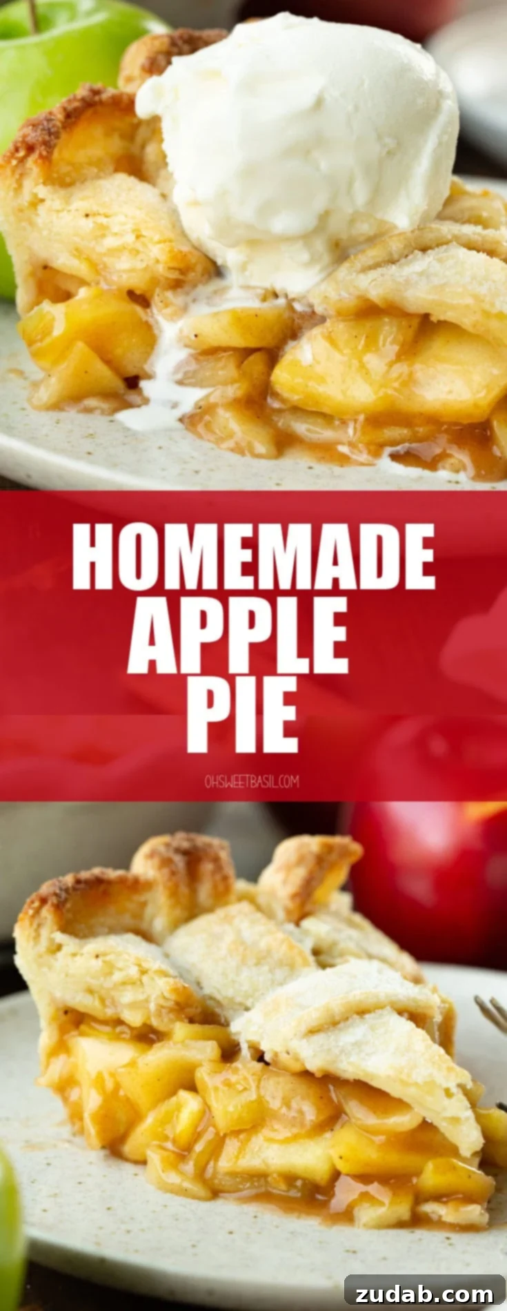 a photo of a slice of homemade apple pie with a golden lattice top and cooked cinnamon apples inside topped with a scoop of vanilla ice cream.