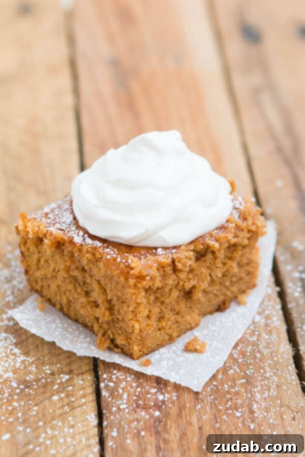 The ultimate Pumpkin Pie Cake for autumn. A freshly baked Pumpkin Pie Cake, still warm and inviting from the oven.