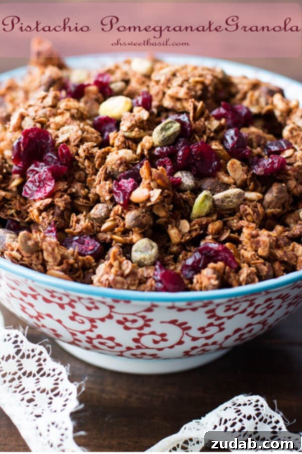 Pistachio Pomegranate Granola is easy to make and a delicious mid-day snack.