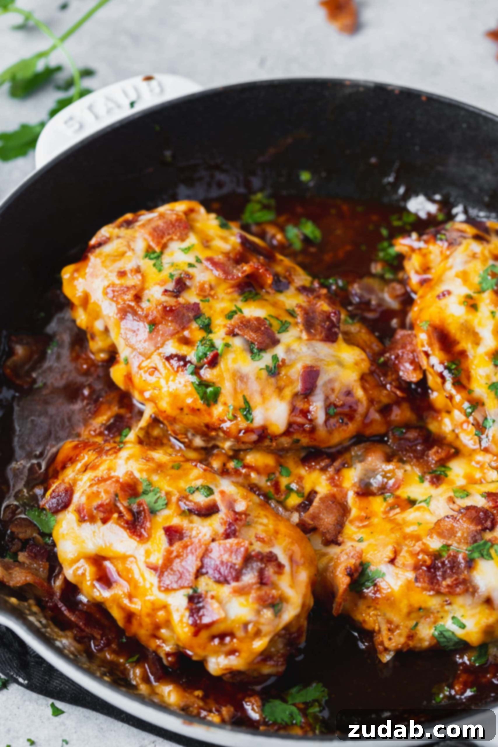 Four golden-brown chicken breasts in a skillet, generously topped with melted Colby Jack cheese, crispy bacon bits, and fresh green parsley.