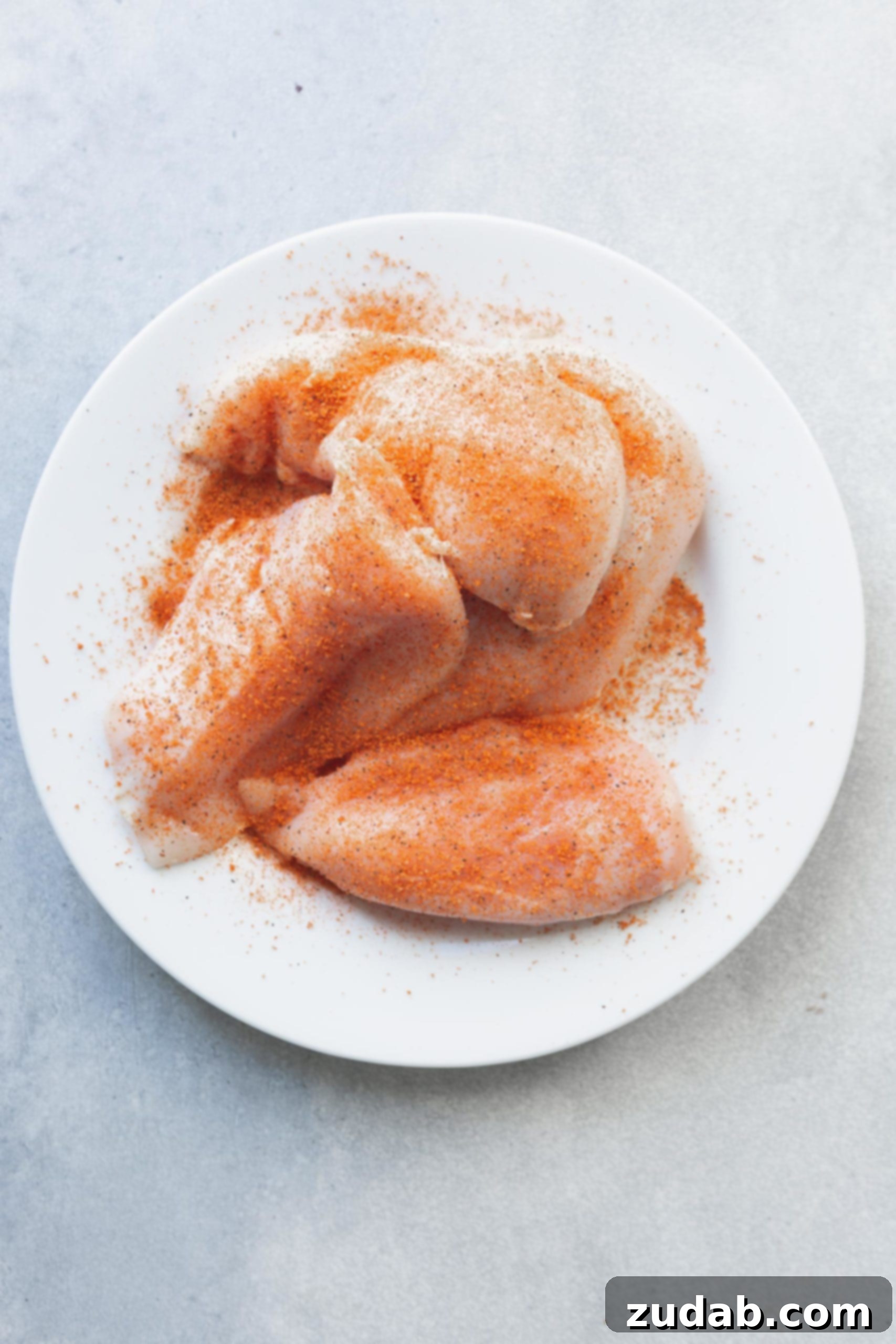 Raw chicken breasts, carefully butterflied and seasoned with salt, pepper, and smoked paprika, ready for cooking.