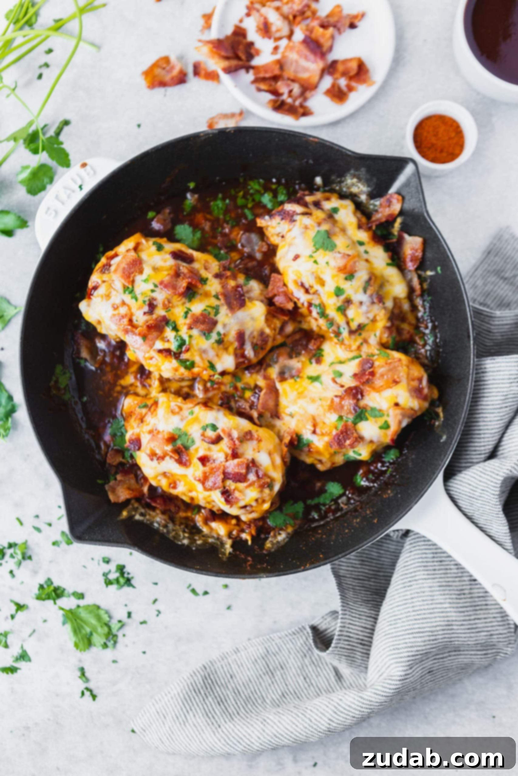 A vibrant skillet showcasing four finished chicken breasts, beautifully garnished with crispy bacon and melted cheese.